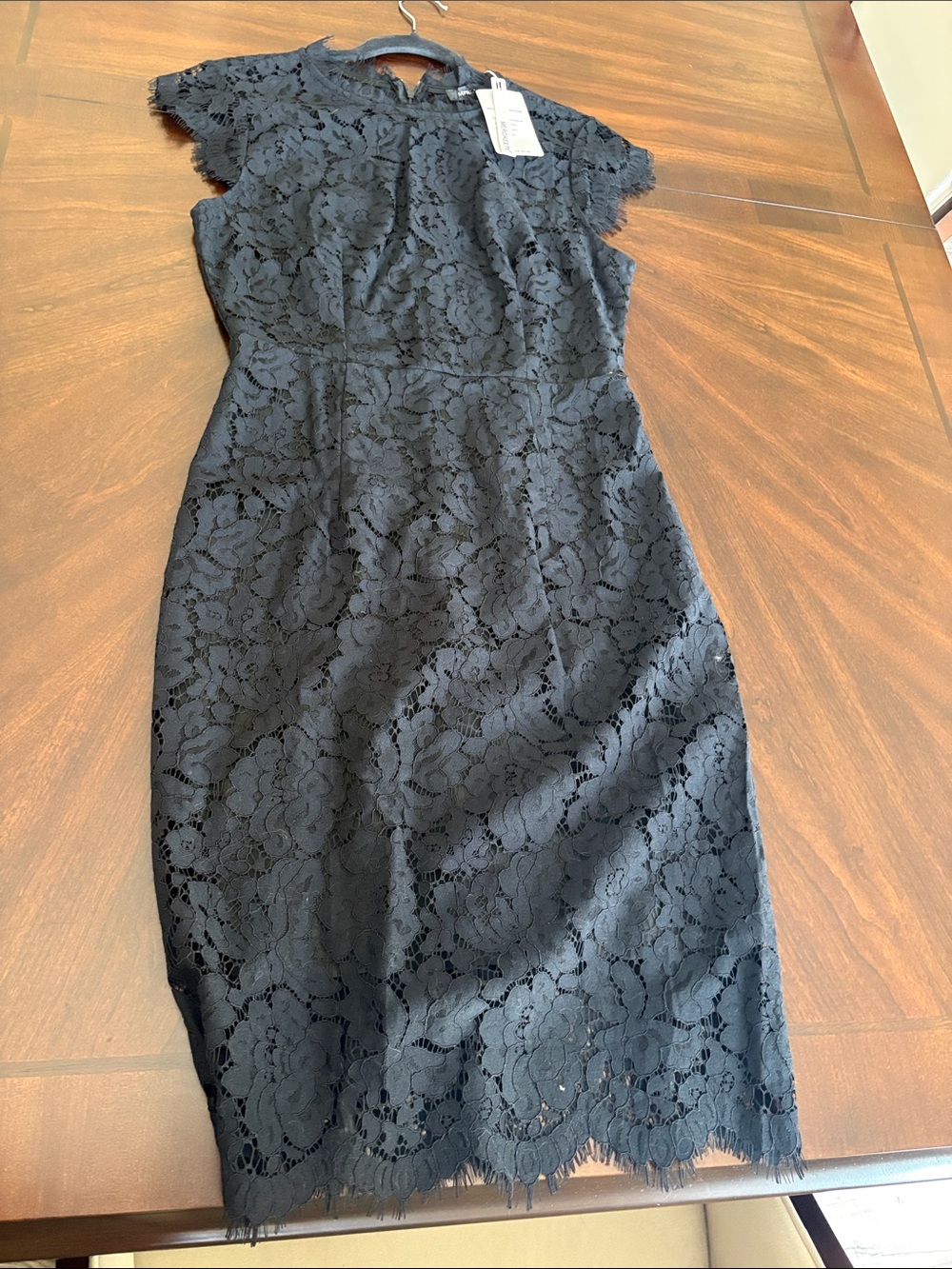 Elegant Black Lace Midi Dress with Scalloped Hem